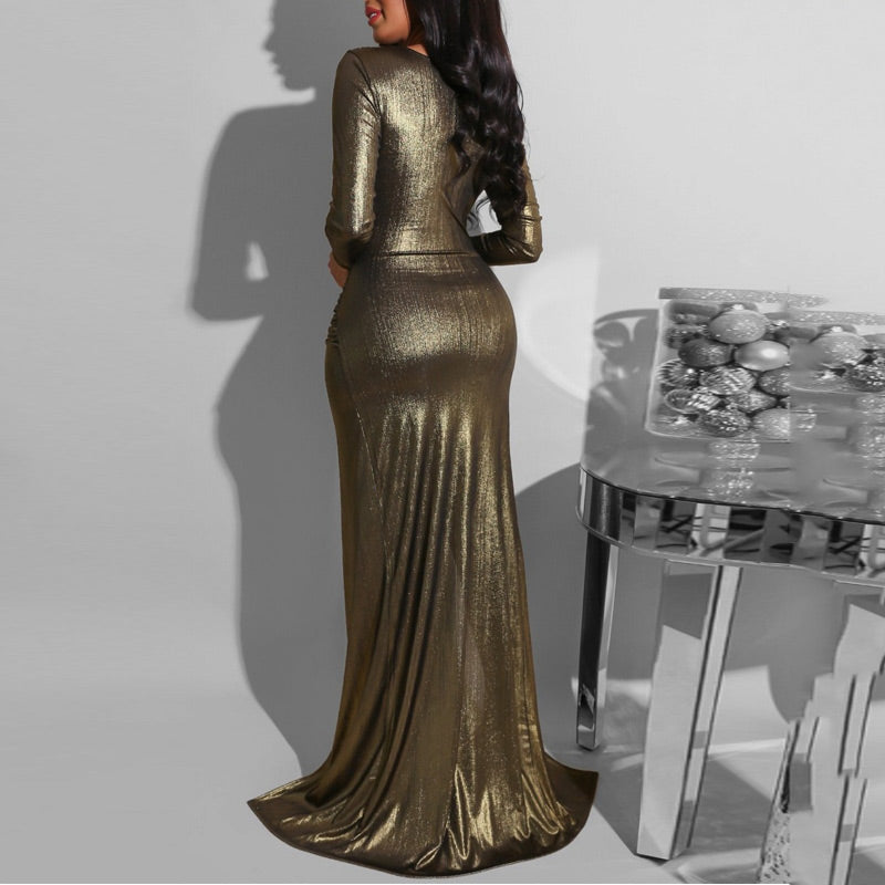 Solid Deep V-Neck High Split Maxi Party Dress