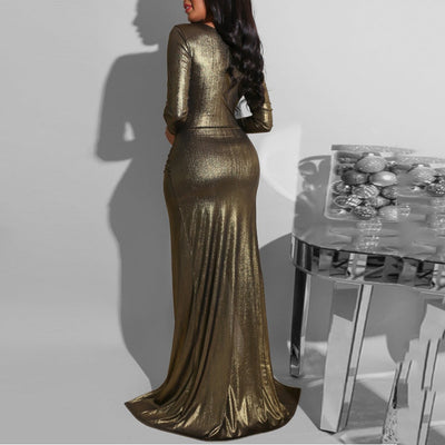 Solid Deep V-Neck High Split Maxi Party Dress