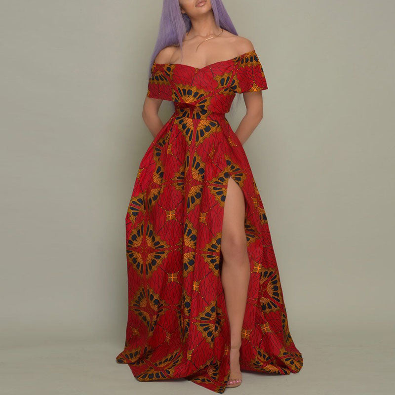 Print Off Shoulder High Slit Maxi Dress