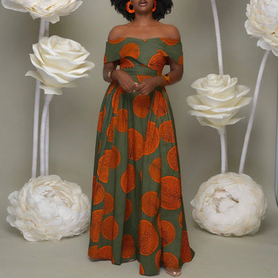 Print Off Shoulder High Slit Maxi Dress
