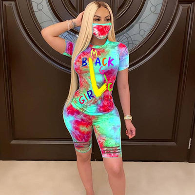 Latter Pattern Tie Dye Print Cut Out Shorts Set With Mask