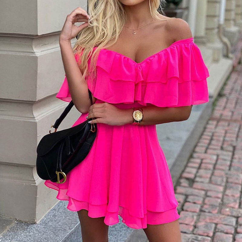 Solid Off Shoulder Ruffles Chiffon Mini Dress