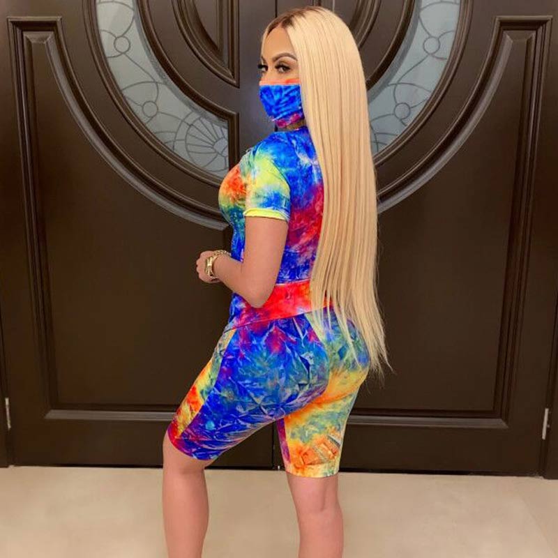 Latter Pattern Tie Dye Print Cut Out Shorts Set With Mask