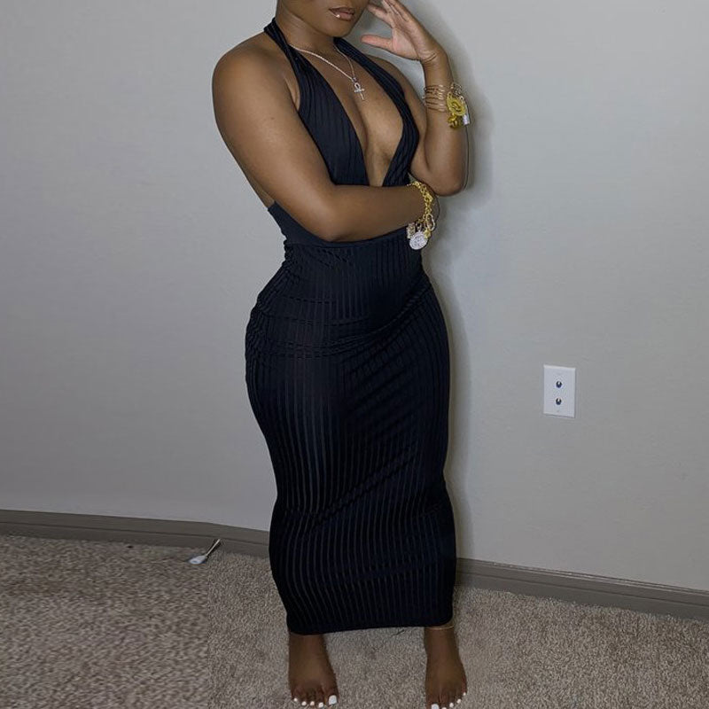 Solid Deep V-Neck Sleeveless Ribbed Dress
