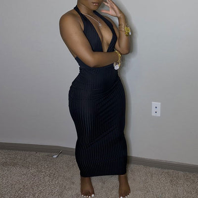 Solid Deep V-Neck Sleeveless Ribbed Dress