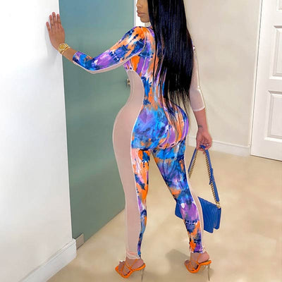 Colorblock Tie Dye Sheer Mesh Patchwork Jumpsuit