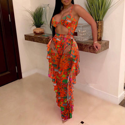 Cartoon Pattern Sheer Mesh Swimsuit Set