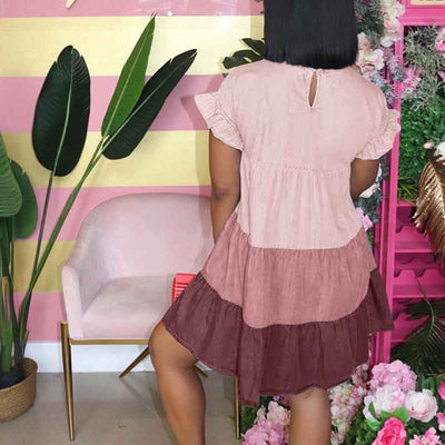 Colorblock Short Sleeve Pleated Loose Dress