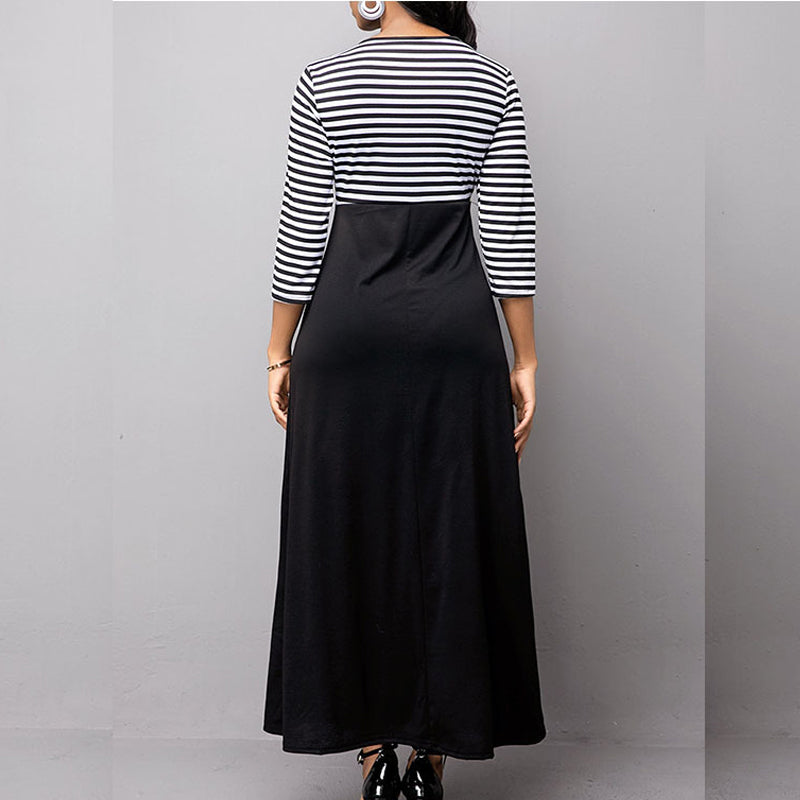 Round Neck Colorblock Button Detailed Irregular Long Dress