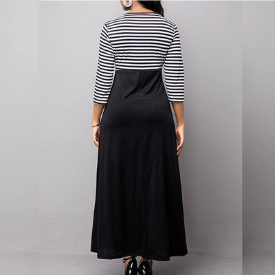 Round Neck Colorblock Button Detailed Irregular Long Dress