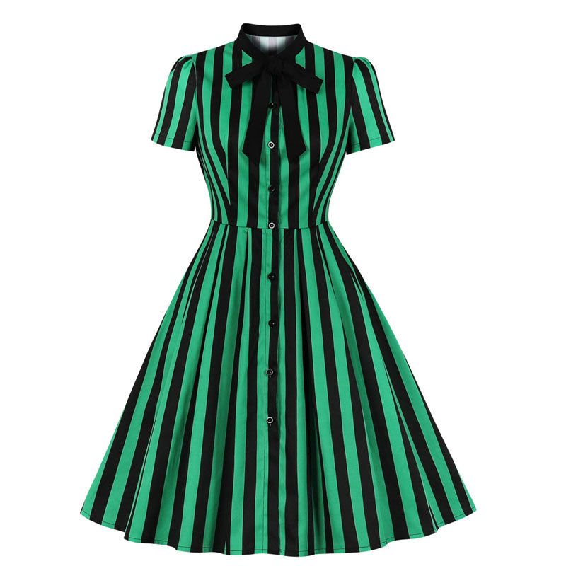 Striped Print Short Sleeve Bowknot Decoration Dress