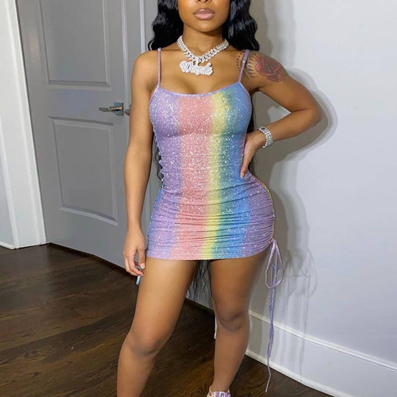 Glitter Rainbow Pattern Sleeveless Mini Dress