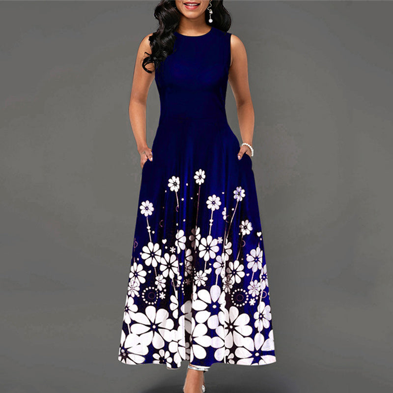 Floral Print Round Neck Half Sleeve Maxi Dress
