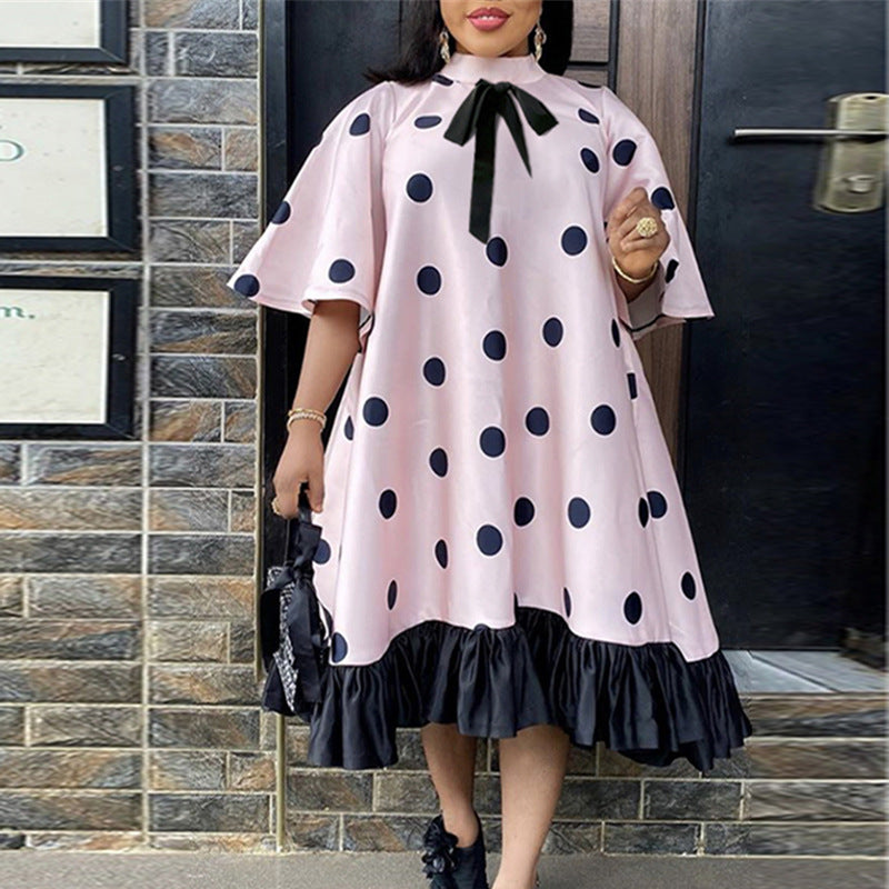 Dot Print Bowknot Detail Patchwork Dress