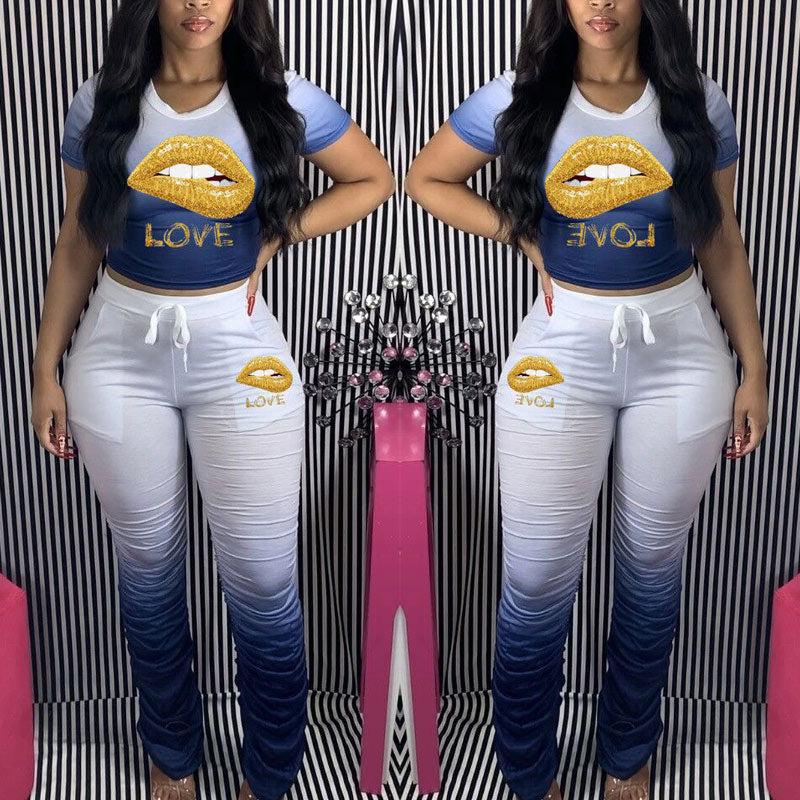 Colorblock Lips Pattern Top & Pants Set
