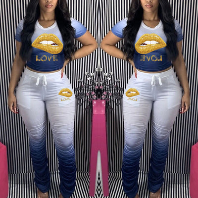 Colorblock Lips Pattern Top & Pants Set