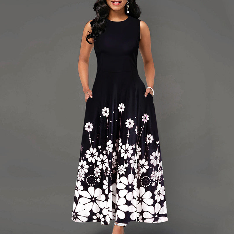 Floral Print Round Neck Half Sleeve Maxi Dress