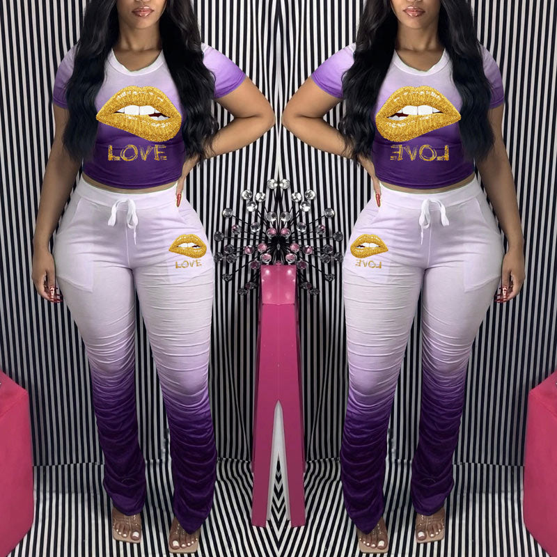 Colorblock Lips Pattern Top & Pants Set