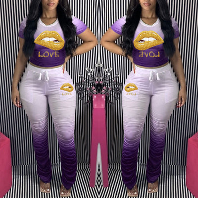 Colorblock Lips Pattern Top & Pants Set