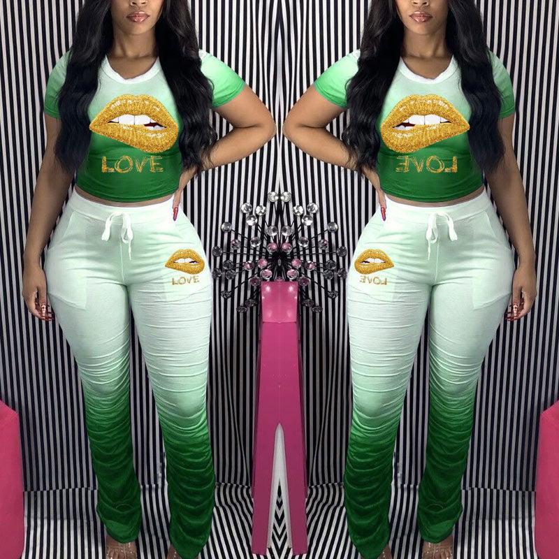 Colorblock Lips Pattern Top & Pants Set