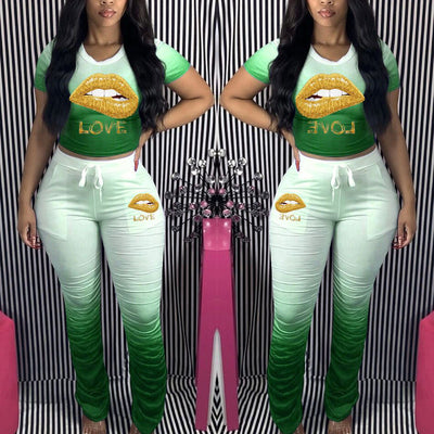 Colorblock Lips Pattern Top & Pants Set