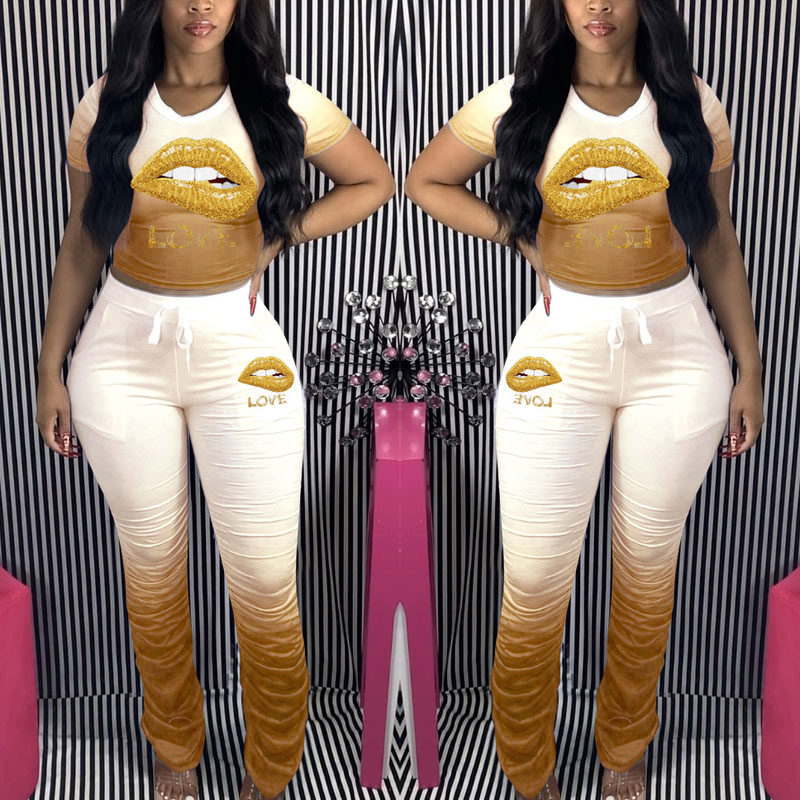Colorblock Lips Pattern Top & Pants Set