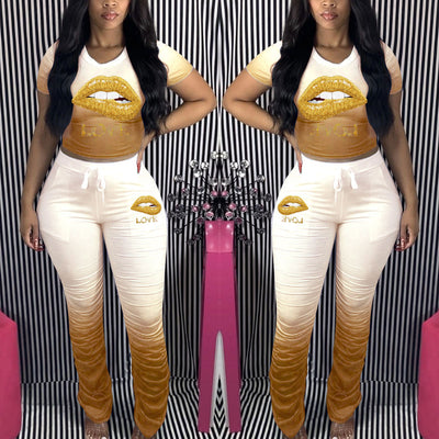 Colorblock Lips Pattern Top & Pants Set