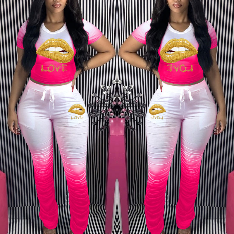 Colorblock Lips Pattern Top & Pants Set