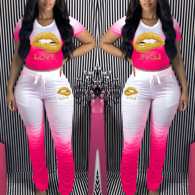 Colorblock Lips Pattern Top & Pants Set