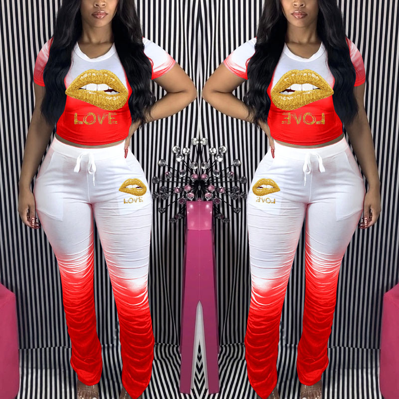 Colorblock Lips Pattern Top & Pants Set