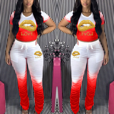 Colorblock Lips Pattern Top & Pants Set
