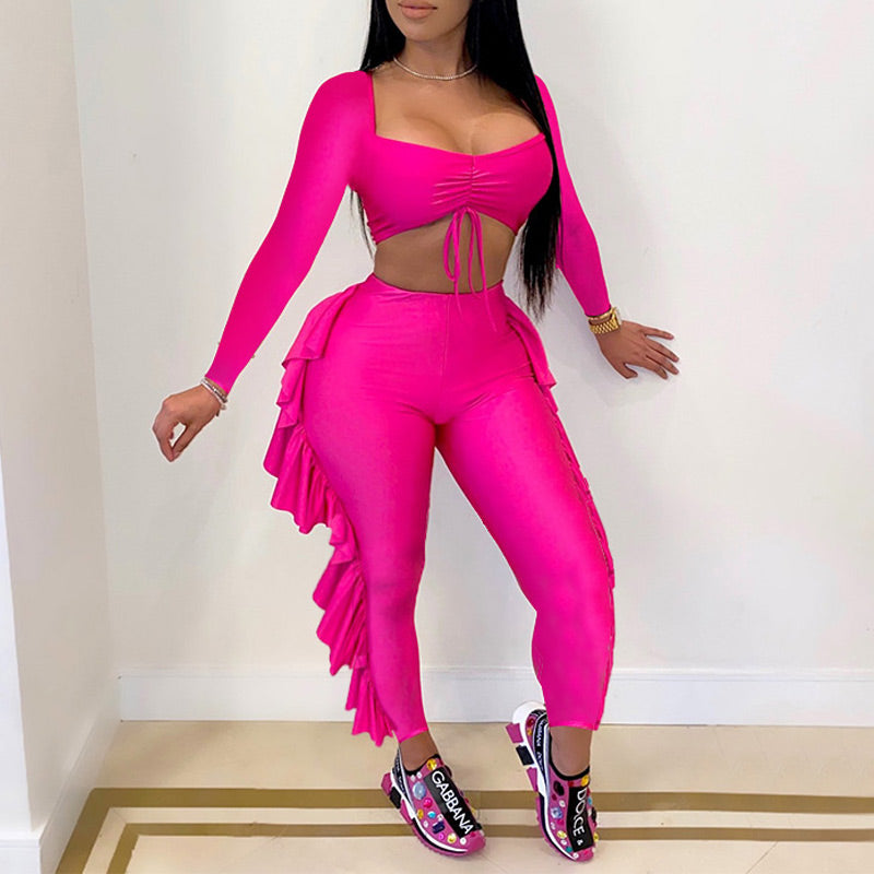 Sexy Ruffles Long Sleeve Top & Pants Set