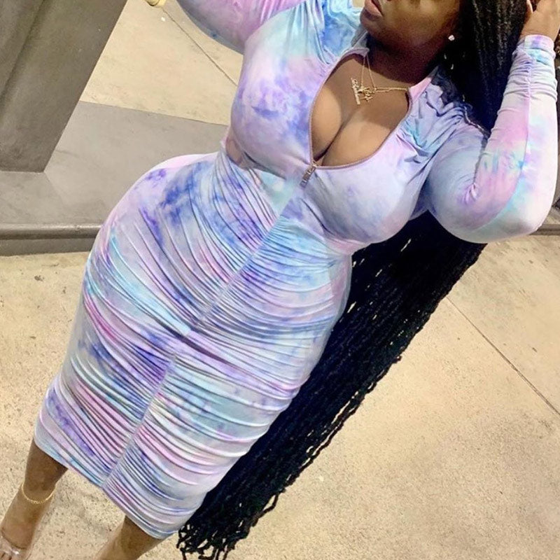 Tie Dye Print Ruched Bodycon Dress