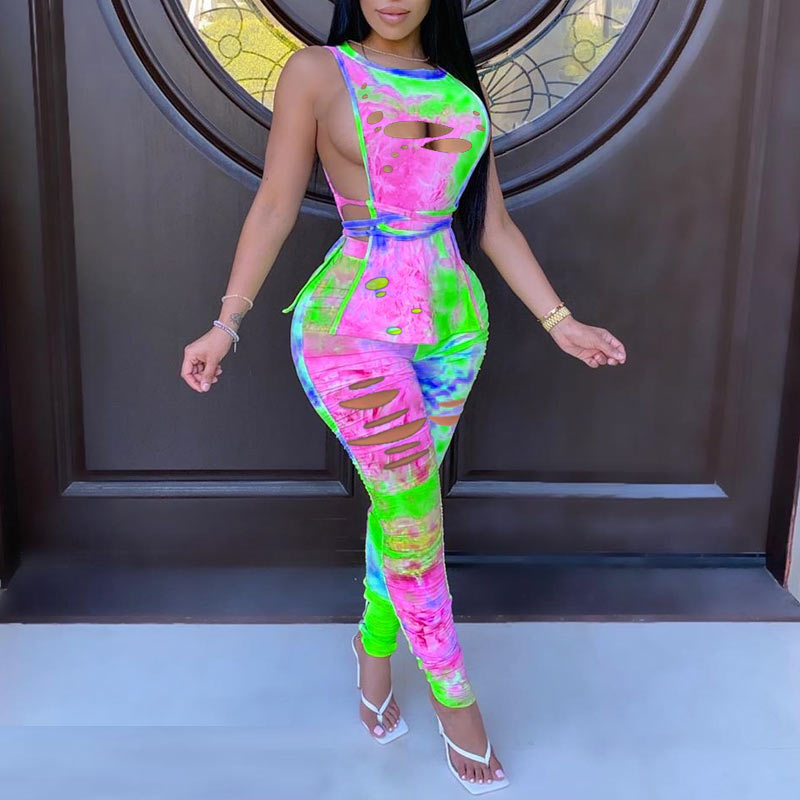 Tie Dye Print Sleeveless Cut Out Two Piece Set