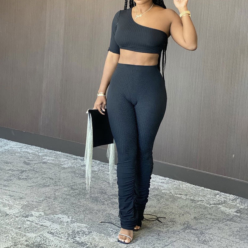 Irregular Cold Shoulder High Waist Suit Set