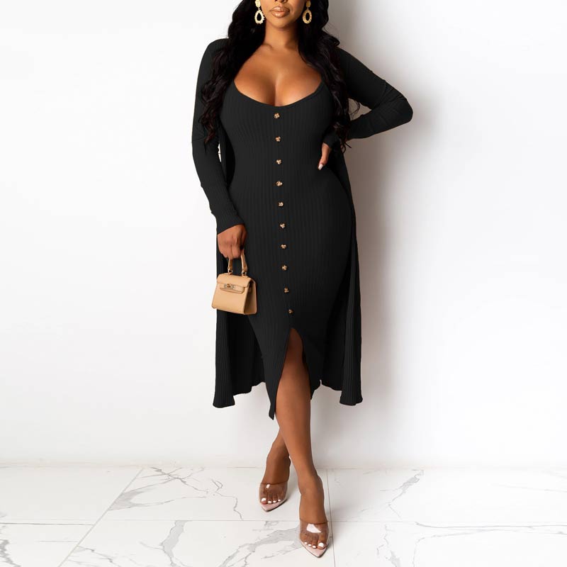 Solid Long Sleeve Button Detailed Dress & Cardigan Set