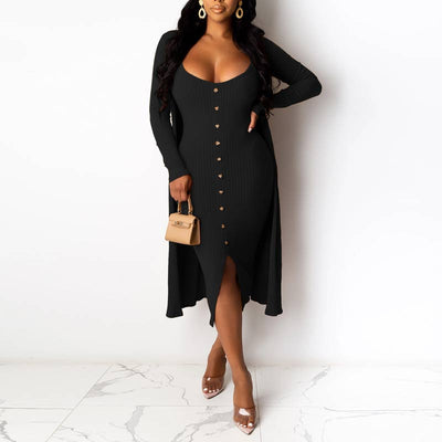 Solid Long Sleeve Button Detailed Dress & Cardigan Set