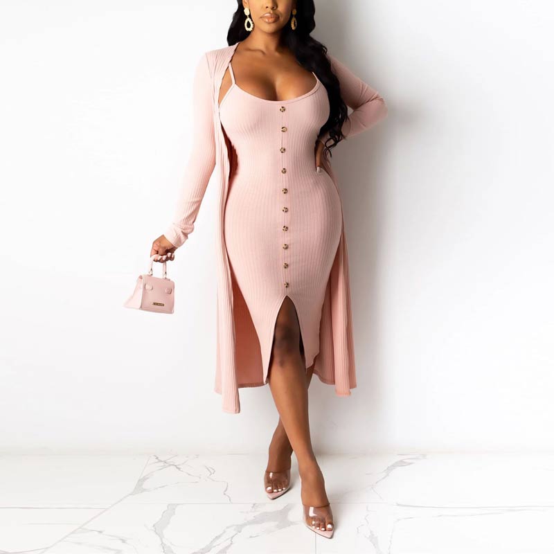 Solid Long Sleeve Button Detailed Dress & Cardigan Set