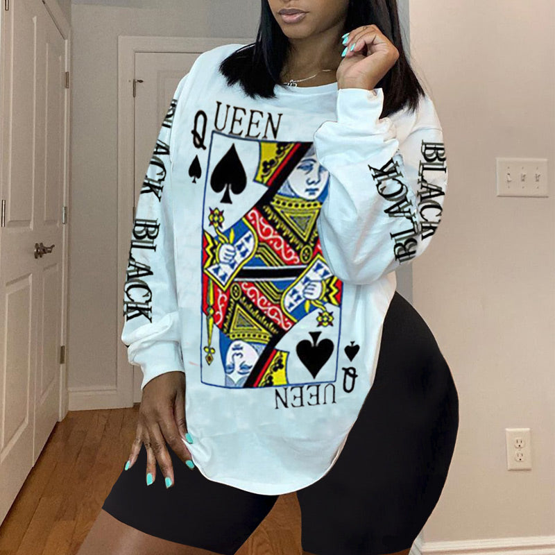 Queen Print Long Sleeve Loose Tops & Shorts Sets