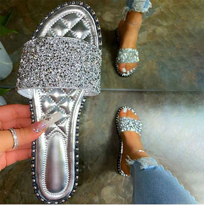 Rhinestone Open Toe Flat Sandals - Cherrybetty