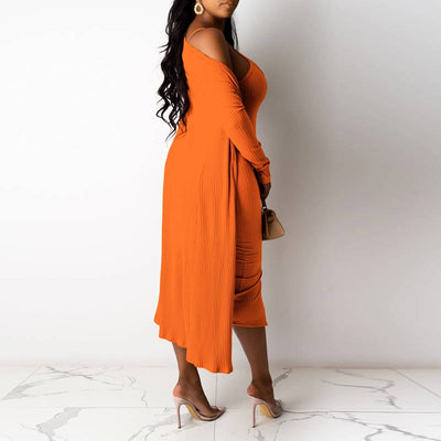 Solid Long Sleeve Button Detailed Dress & Cardigan Set
