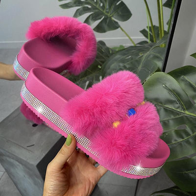 Fashion Rhinestone Open Toe Fluffy Sandals - Cherrybetty