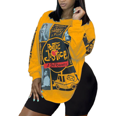 Queen Print Long Sleeve Loose Tops & Shorts Sets
