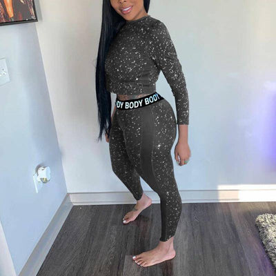Glitter Letter Print Long Sleeve Two Piece Set