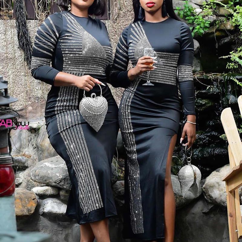 Sequins Long Sleeve High Slit Party Dress