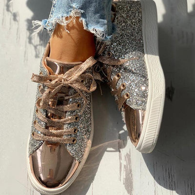 Glitter Sequins Eyelet Lace-up Sneakers - Cherrybetty