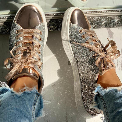 Glitter Sequins Eyelet Lace-up Sneakers - Cherrybetty