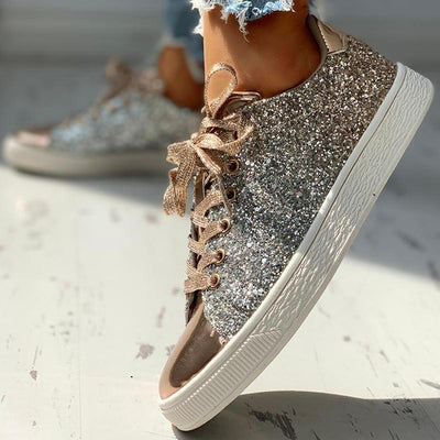 Glitter Sequins Eyelet Lace-up Sneakers - Cherrybetty
