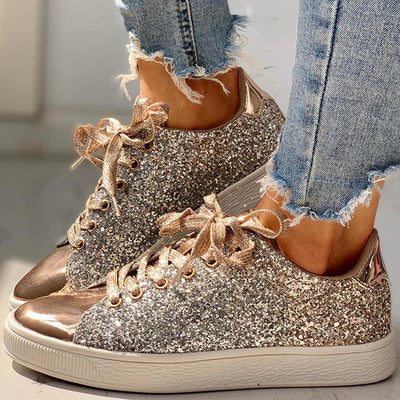 Glitter Sequins Eyelet Lace-up Sneakers - Cherrybetty