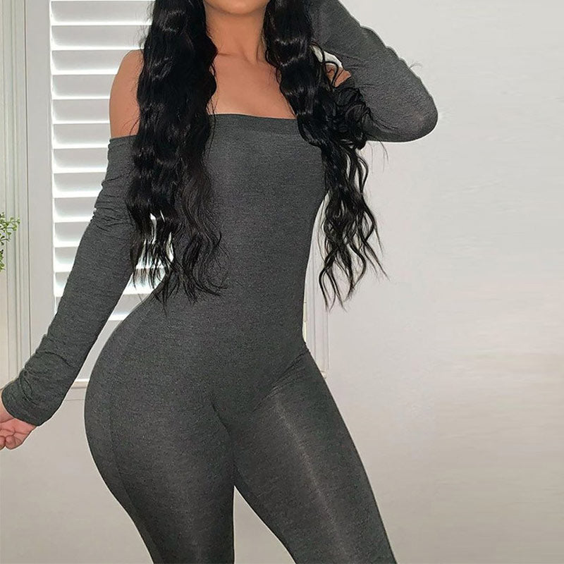 Solid Off Shoulder Long Sleeve Jumpsuit